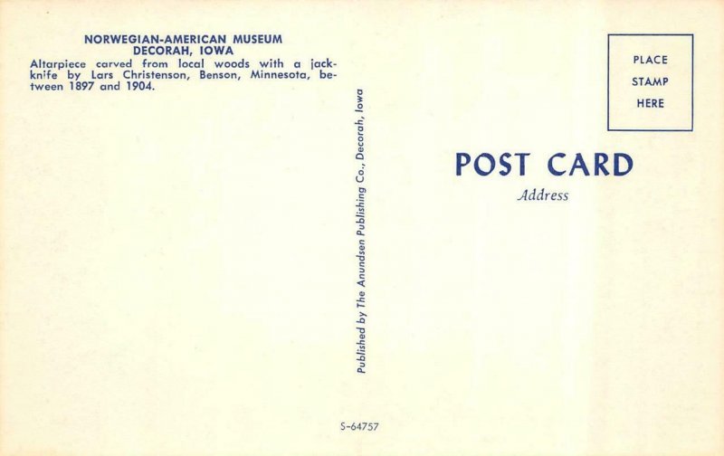 DECORAH Iowa IA   LARS CHRISTENSEN CARVED ALTAR Norwegian-American Museum  Card
