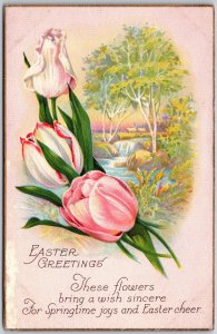 Easter Greetings, Pink-White Tulips, Spring Landscape, Poetic Verse, Postcard