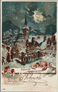 Merry Christmas Angels Snow Village Vintage Postcard C176