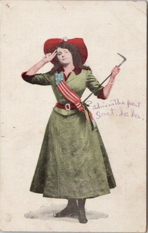 Woman Salute Saluting American USA Flag Series c1910 Postcard F36