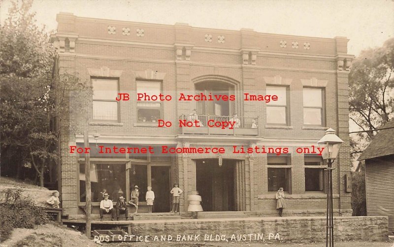 PA, Austin, Pennsylvania, RPPC, Post Office, Bank Building, Entrance View, Photo