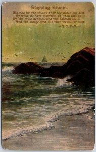 1909 Stepping Stones Poem JG Holland Surf Seagull Sailboat Rocks Posted Postcard