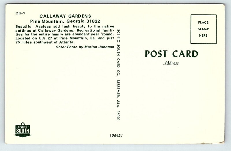 1960s PINE MOUNTAIN GA CALLAWAY GARDENS AZALEAS US 27 UNPOSTED POSTCARD P3820