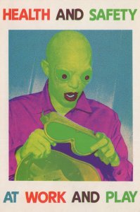 Plastic Visors Bald Man Health & Safety Work & Play Sign Postcard