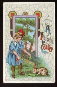 Vintage Easter Postcard Art Nouveau Girl Feeding Rabbit E...