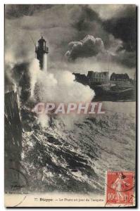 Old Postcard Lighthouse one day storm Dieppe