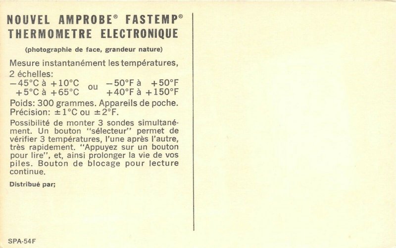 Nouvel Amprobe Fastemp Electronic Thermometer 1960s Advertising Postcard
