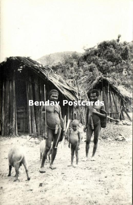 dutch new guinea, Armed Papua Hunters Koteka, Young Boy, Native Huts 1950s RPPC