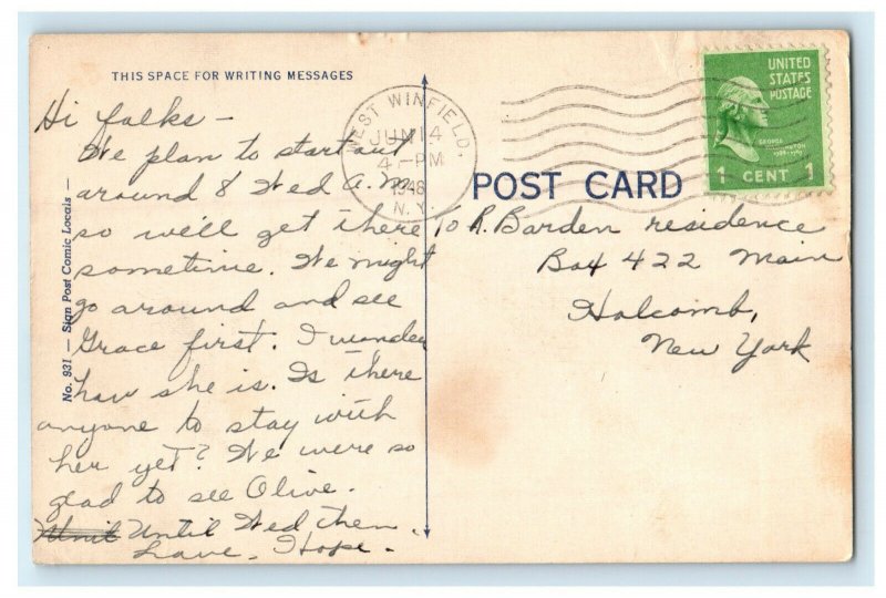 1948 Come to Unadilla Forks, Vintage Car, Couple, Cartoon Print Postcard 