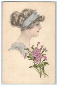 c1910's Pretty Woman Curly Hair With Flowers East Hartford CT Antique Postcard 