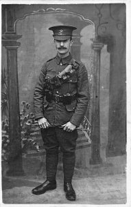 British Soldier Walking Stick Uniform WWI Real Photo Postcard