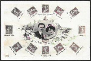 FRANCE Stamps on Postcard Language of Stamps Man & Lady Used c1910s