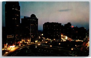 Detroit Michigan~Skyline West @ Grand Circus Park at Night~1950s Postcard