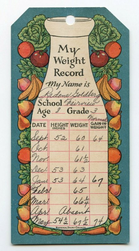 My Weight Record Radene Goldberg Fairview  School Age 8 Grade 3  