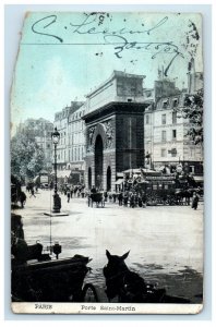 c1910's Porte Saint Martin Street View Horse Carriage Paris France Postcard 