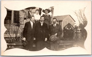 Three Ladies Three Gentlemen Hats Black Suit Photograph Real Photo RPPC Postcard