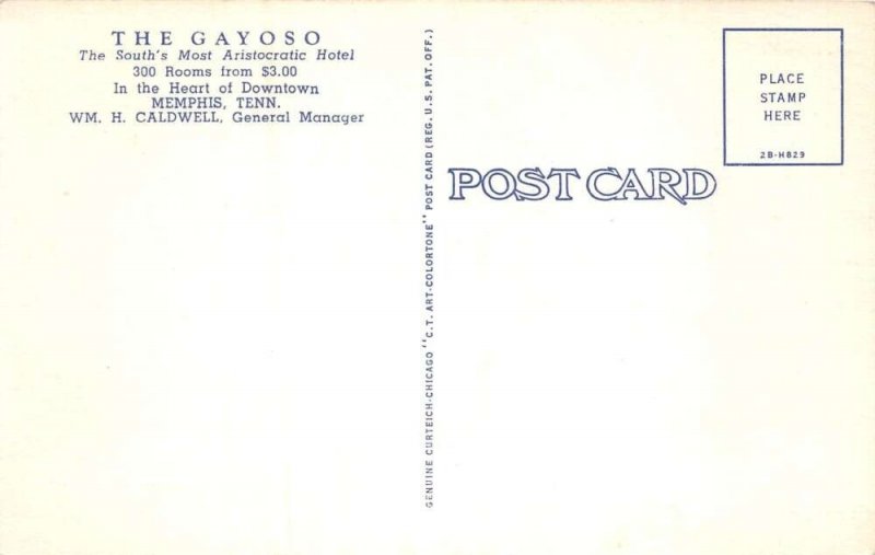 Memphis Tennessee The Gayoso Hotel Linen Vintage Postcard AA104675