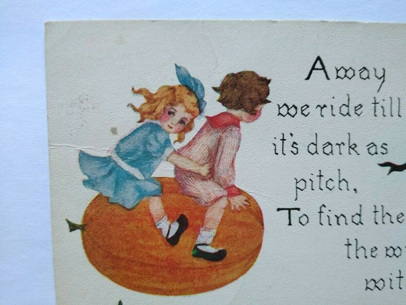 Vintage Halloween Postcard Kids Flying On Pumpkin Chases A Witch 857 FA Owen 