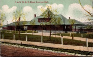 Postcard C. & N.W. Railroad Train Depot Station in Ironwood, Michigan