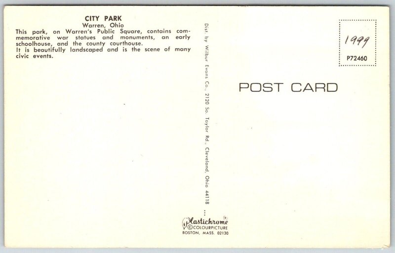 Warren Ohio 1970s Postcard City Park War Statue Monument