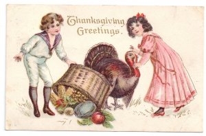 Thanksgiving Postcard Turkey Boy Girl Spilled Basket Vintage 1912 Embossed Litho