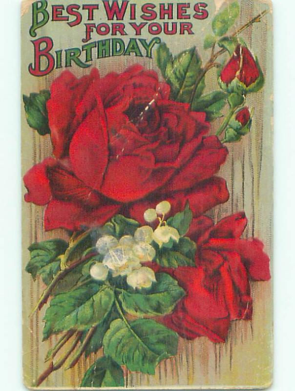 Pre-Linen LILY OF THE VALLEY AND RED ROSE FLOWERS k4519