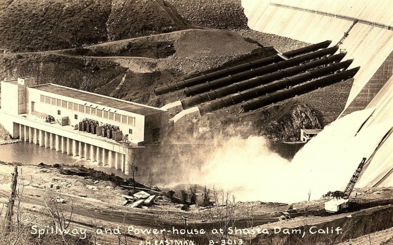 Vintage RPPC Spillway and Power-house at Shasta Dam, Calif. Postcard P128 