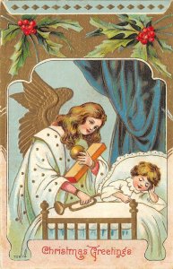 CHRISTMAS HOLIDAY ANGEL CHILD GIFTS TRUMPET EMBOSSED POSTCARD 1909