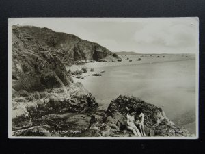 Wales BLACK ROCKS SAND Caves Morfa Bychan & cars on beach c1950s RP Postcard