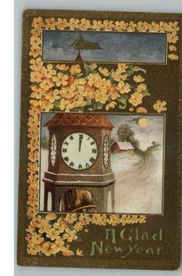 New Year Embossed Church Clock c1910 Postcard