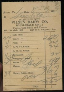 1925 CHICAGO IL PILSEN DAIRY CO. RIDGEWAY AVE WHOLESALE ONLY INVOICE 35-24