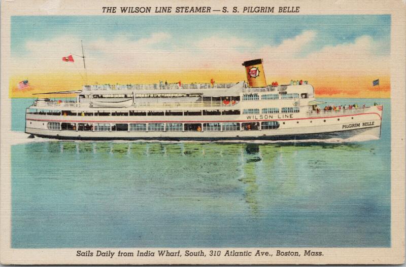 SS Pilgrim Belle Wilson Line Steamer Boston MA Unused Linen Postcard F4