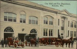 Kenosha WI City Hall Fire Dept Truck Horse Drawn etc c1910 Postcard
