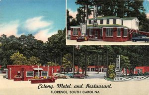 FLORENCE, South Carolina SC ~  COLONY MOTEL & RESTAURANT  Roadside 1960 Postcard