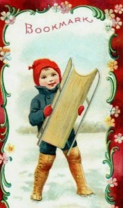 1880's Bookmark Marshall & Wendell Piano Co. M.Z. Schubert Boy & Sled 7G