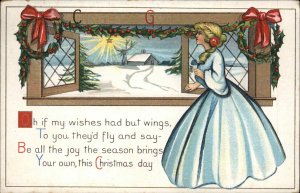 Christmas Beautiful Girl Woman Looks Out Window c1910 Vintage Postcard