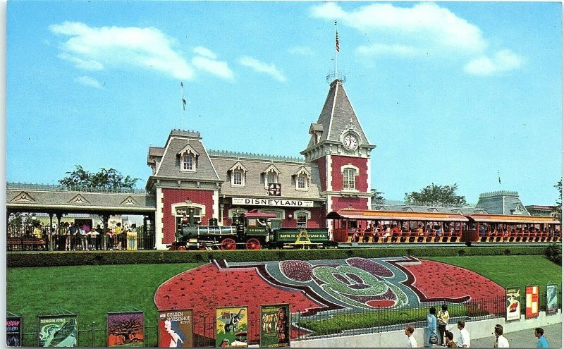 Postcard CA Anaheim Disneyland Floral Mickey Mouse Santa Fe Train Depot BL