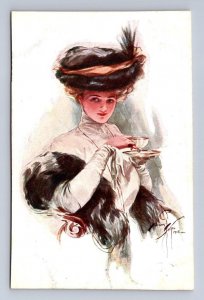 TEACUP TIME GLAMOUR ARTIST SIGNED HARRISON FISHER POSTCARD RISHAR 828