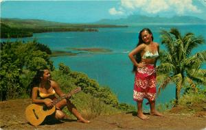Vintage Postcard Tahiti Girl Plays Guitar at Point Venus Moorea in Background