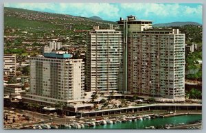 Postcard Honolulu Hawaii c1968 Ilikai Hotel Overlooking Waikiki And Yacht Harbor