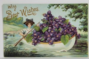 Best Wishes Edwardian Woman Rowing Boat of Flowers 1909 Forest PA Postcard S12