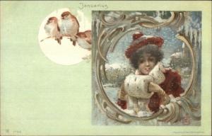 Art Nouveau Woman Winter Hat Muff Birds JANUARIUS Month Series Roy A Haase LS19