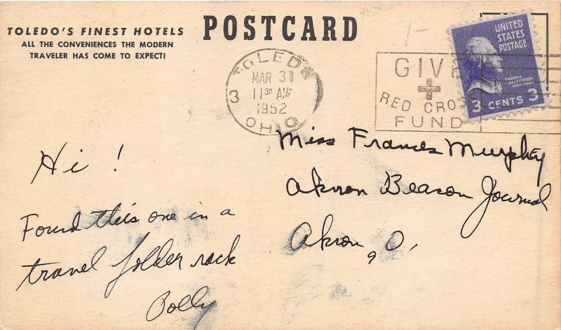 Toledo Ohio 1952 Postcard Hotel Secor Commodore Perry & The Willard