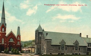 Vintage Postcard 1914 Presbyterian And Catholic Churches Parish Barre Vermont VT