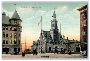 1909 Exterior View Post Office Horse Carriage Racine Wisconsin Vintage Postcard