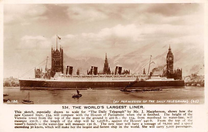 Queen Mary Daily Telegraph Cunard Line Ship Writing on back 