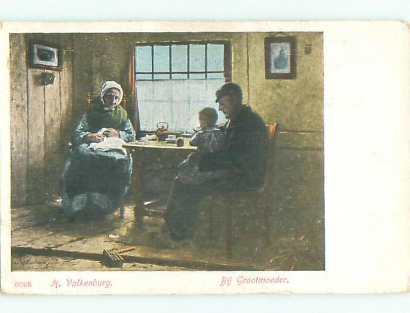 Unused Pre-1907 foreign signed CHILD WITH GRANDPARENTS AT TABLE J4241