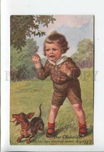 3176737 Crying Boy & Happy DACHSHUND by FIALKOWSKA Vintage PC