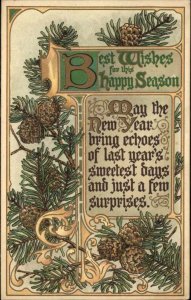 Nister No 1705 Arts and Crafts New Year Pine Cones Poetry c1910 Postcard