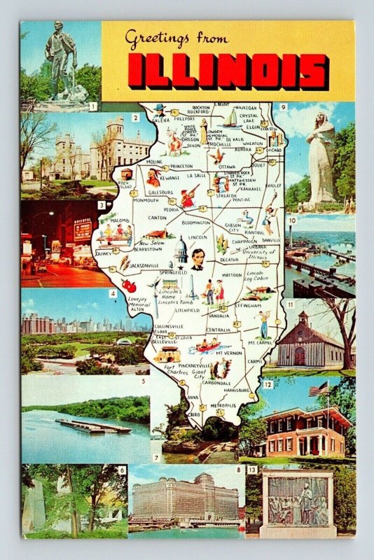 Greetings Illinois State Map Multi View Scenic Landmarks Chrome Postcard 